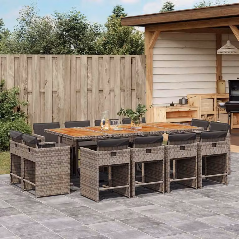 Set da pranzo da giardino vidaXL in polyrattan con cuscini e tavolo in legno di acacia, 13 pezzi, grigio e marrone