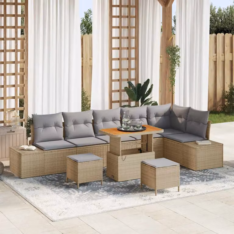 Set Divano da Giardino a L vidaXL in Polyrattan Beige con Cuscini e Tavolino da Esterno