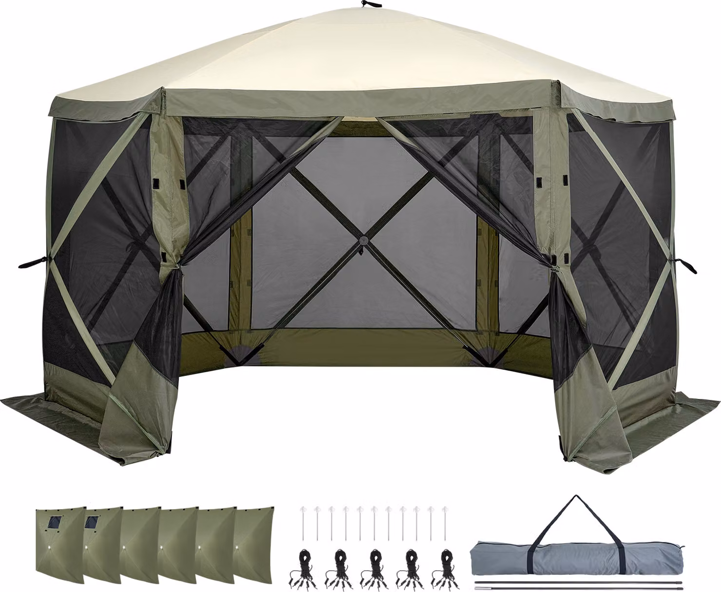 SucceBuy Tenda a padiglione pop-up, parasole a baldacchino a 6 lati con pannelli privacy rimovibili e finestre a rete, tenda a schermo rapido 12x12FT con zanzariera, verde militare
