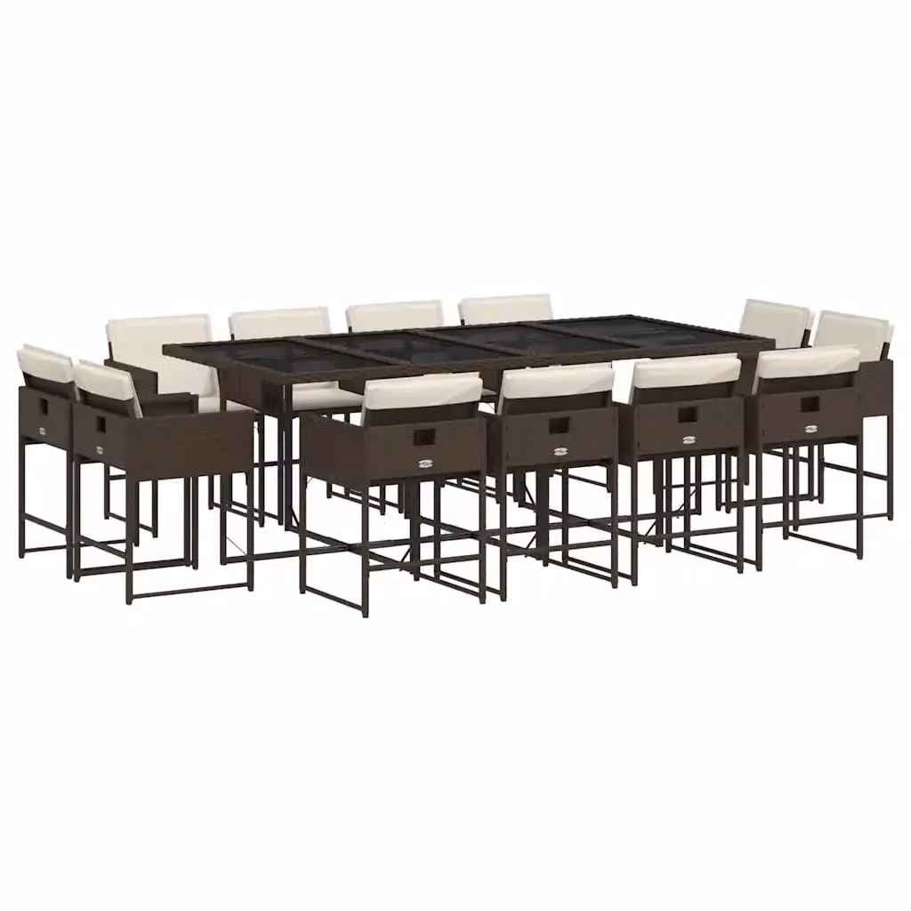 Set da Pranzo da Giardino vidaXL 13pz in Polyrattan Marrone con Cuscini Bianchi e Tavolo in Vetro – 2