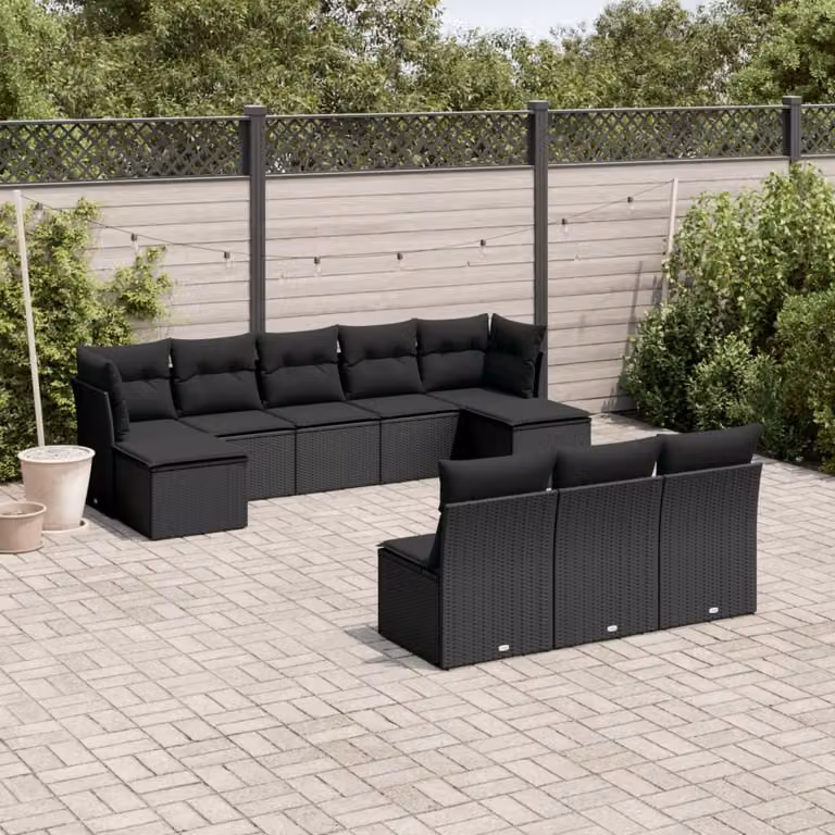 Set di divani da giardino vidaXL in polyrattan nero con cuscini, componibile a forma di L per esterno e terrazza