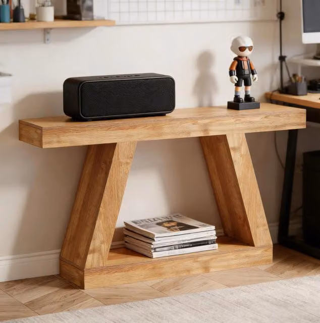 Tavolo consolle rustico 140 cm in MDF effetto legno, naturale, con spazio contenitivo