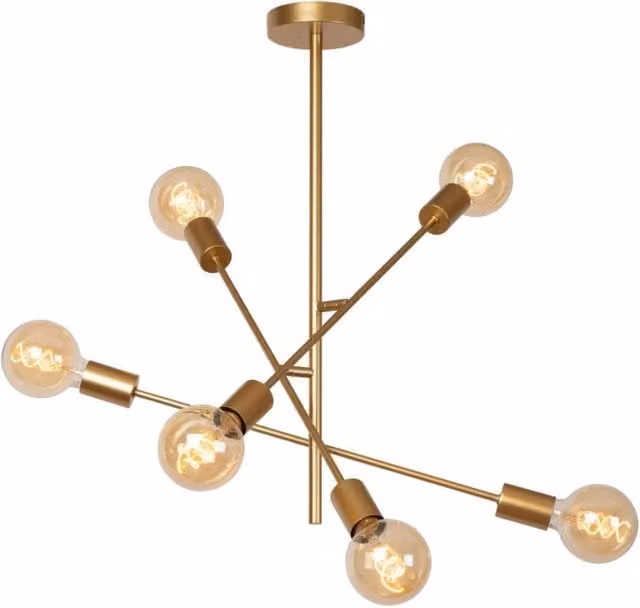 Plafoniera Loft Lucide in metallo oro opaco con 6 lampadine E27 e diffusori in vetro trasparente