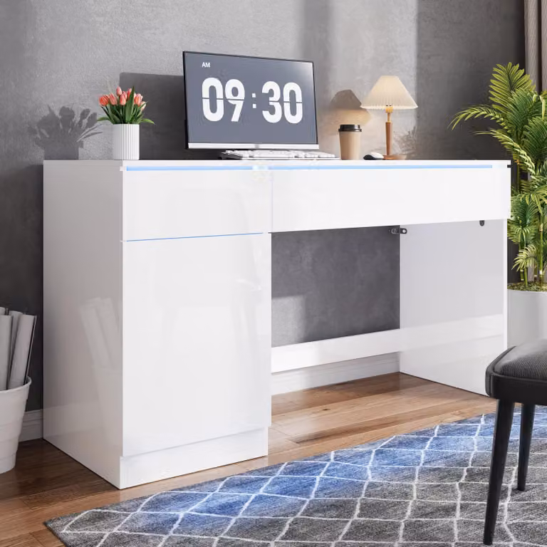 Scrivania Merax, finitura lucida con illuminazione LED, moderna scrivania per computer con 2 cassetti e sportello, compatta, adatta come scrivania da ufficio o tavolino da trucco con spazio contenitivo, colore bianco