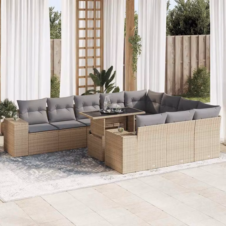 Set Divani da Giardino vidaXL 11 pz in Polyrattan con Cuscini Beige e Tavolino da Esterno