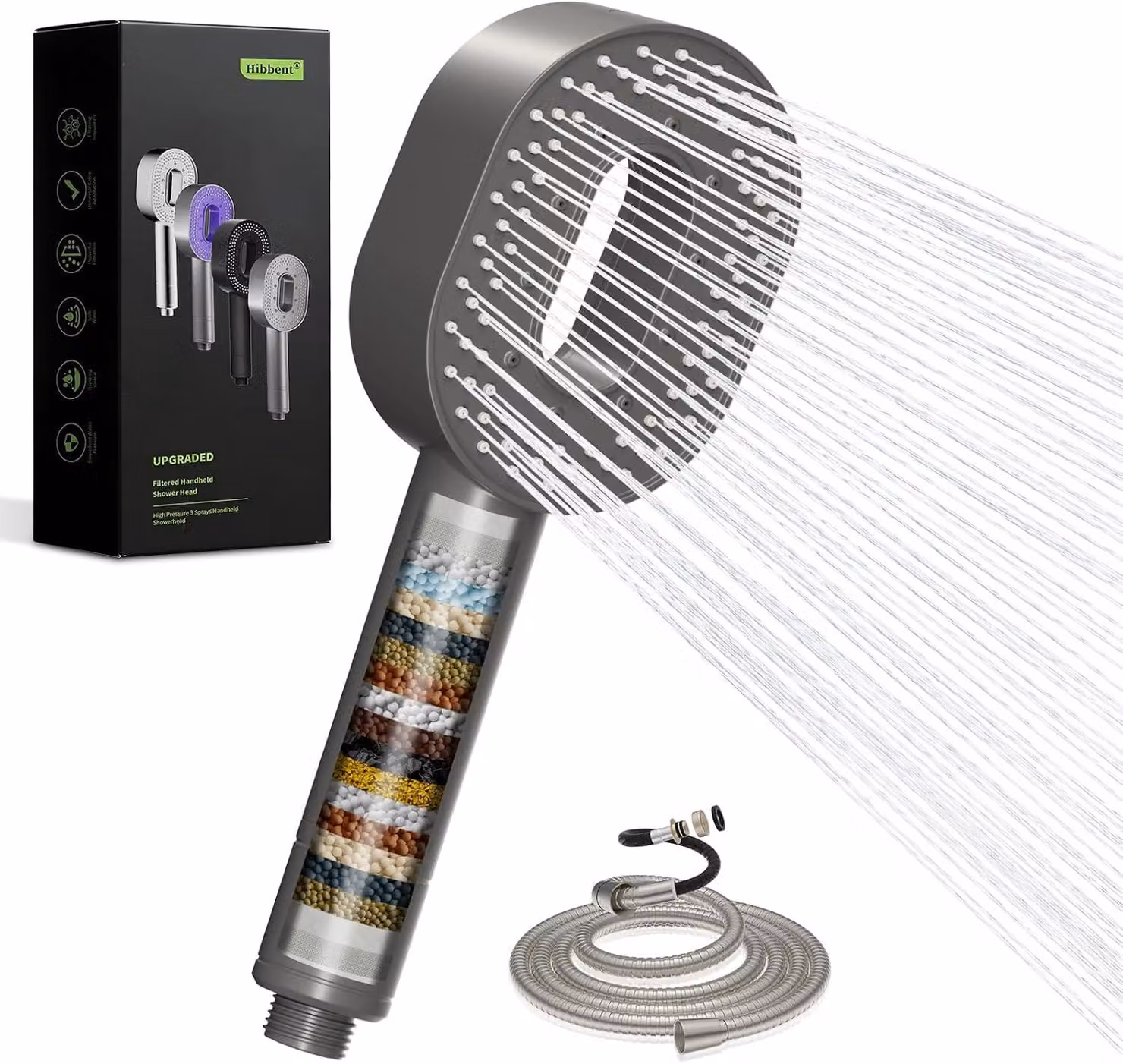 Doccia manuale, lunghezza 1,5 metri, 5 getti, filtro anticalcare a 20 stadi, colore grigio, per bagno