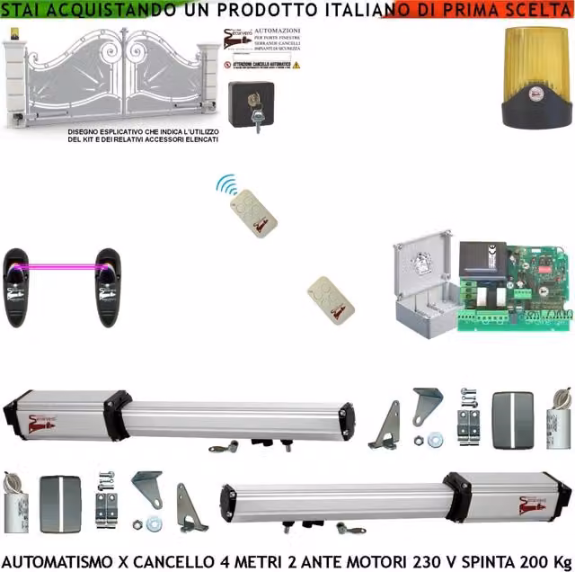 Automazione Cancello 4 Metri 2 Ante da 2 MT Kit Motori Elettromeccanici 230 V Corsa 300 mm Spinta 2 Q.li Staffe 2 Radiocomandi Coppia Fotocellule Selettore 2 Chiavi Faro X Movimenti Cartello Monitore