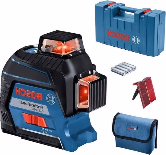 Laser per lavori di finitura Bosch GLL 3-80 blu con portata fino a 30m, batteria 4x AA e valigetta di trasporto, L/P/H: 142 x 84 x 149 cm