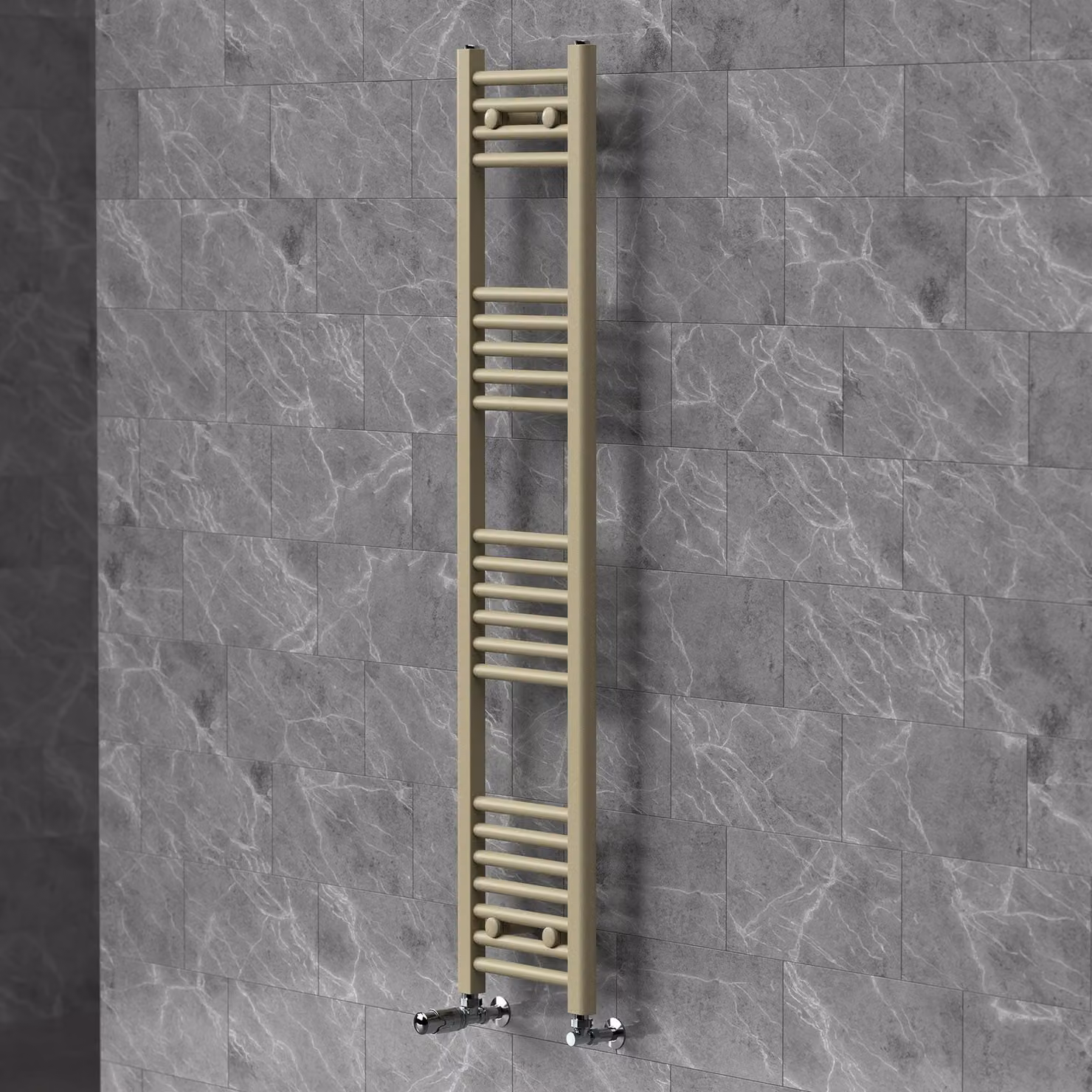 Asciugamani radiante LuxeBath 300x1400 mm, radiatore per bagno con valvola termostatica, asciugamano Sahara a pannello liscio con attacco laterale, porta asciugamani, color beige