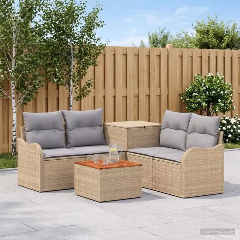 Set di divani da giardino vidaXL 6 pezzi in stile moderno con struttura in acciaio verniciato e tessuto beige e grigio, comprensivo di divani a 2 posti, elemento angolare, tavolino da caffè e cuscini