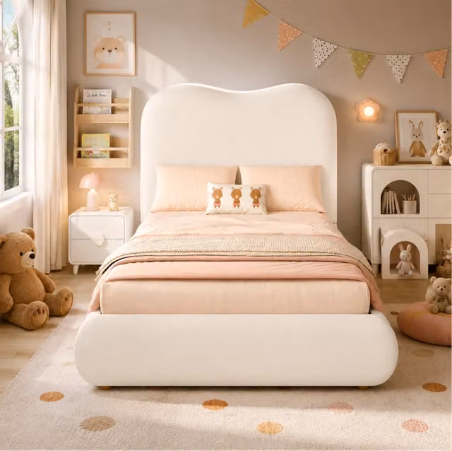 Letto imbottito per bambini con vano contenitore sollevabile; rete a doghe e velluto beige