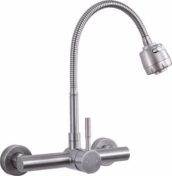 Montaggio a muro, rubinetto da cucina, rubinetto in acciaio inossidabile, girevole 360 gradi, scarico, miscelatore con un maniglione, miscelatore + 2 tipi di getto, attacco per lavabo, miscelatore con un maniglione