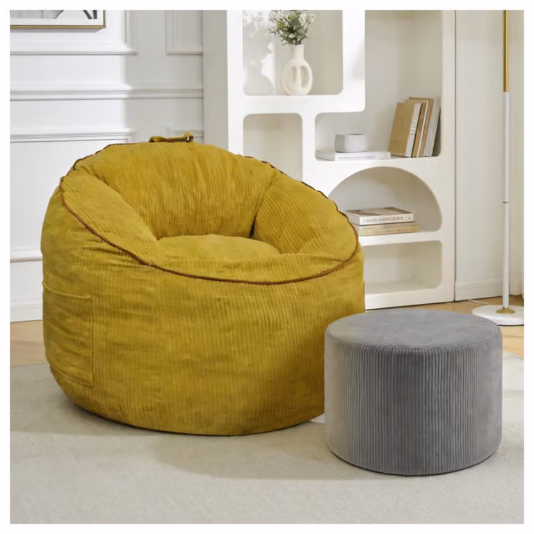 MODFU: Pouf con tasca portaoggetti e poggiapiedi cilindrico coordinato, poltrona relax con design ergonomico, ideale per il soggiorno o il balcone, colore giallo