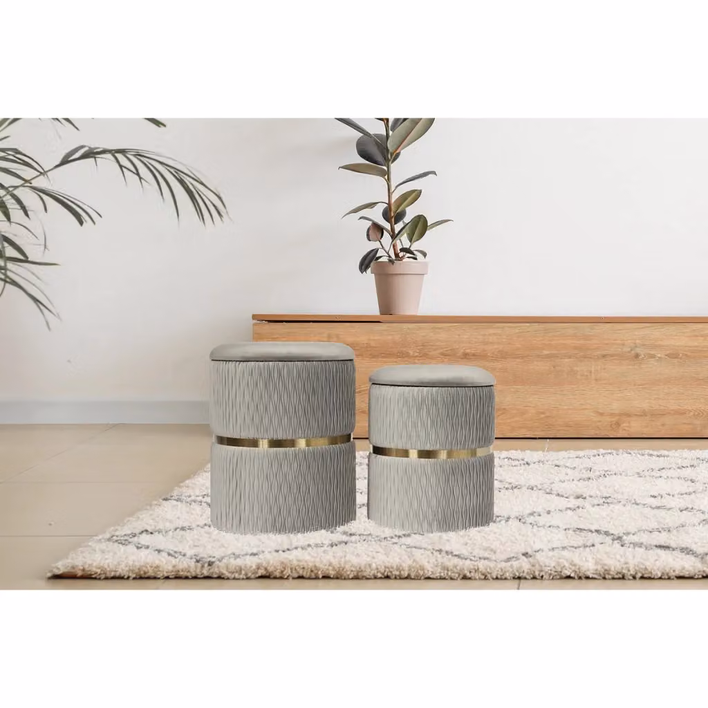 Set di 2 pouf contenitori cilindrici Milas KENDRA HOME in velluto grigio con dettagli oro, impilabili – 2