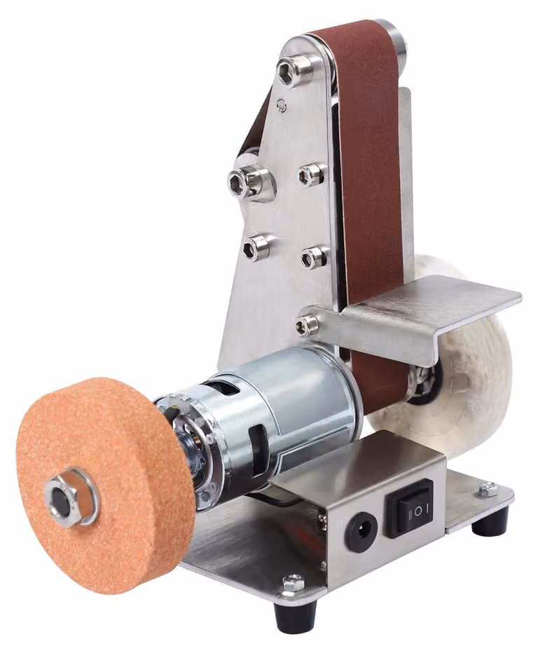 Mini smerigliatrice a nastro - smerigliatrice/lucidatrice da banco - controllo della velocità a 7 livelli - 4000–9000 giri/min - funzionamento avanti/indietro - alimentazione 100–240V (standard europeo) - colore argento