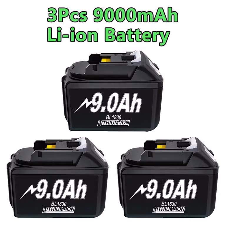 Batteria di ricambio per utensili elettrici - Litio-Ioni, 18V - Confezione da 3, 9000 mAh, alta capacità - Compatibile con i modelli BL1830, BL1840, BL1850, BL1860