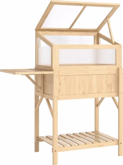 Letto rialzato con serra richiudibile e ripiano laterale Outsunny in legno naturale – 1