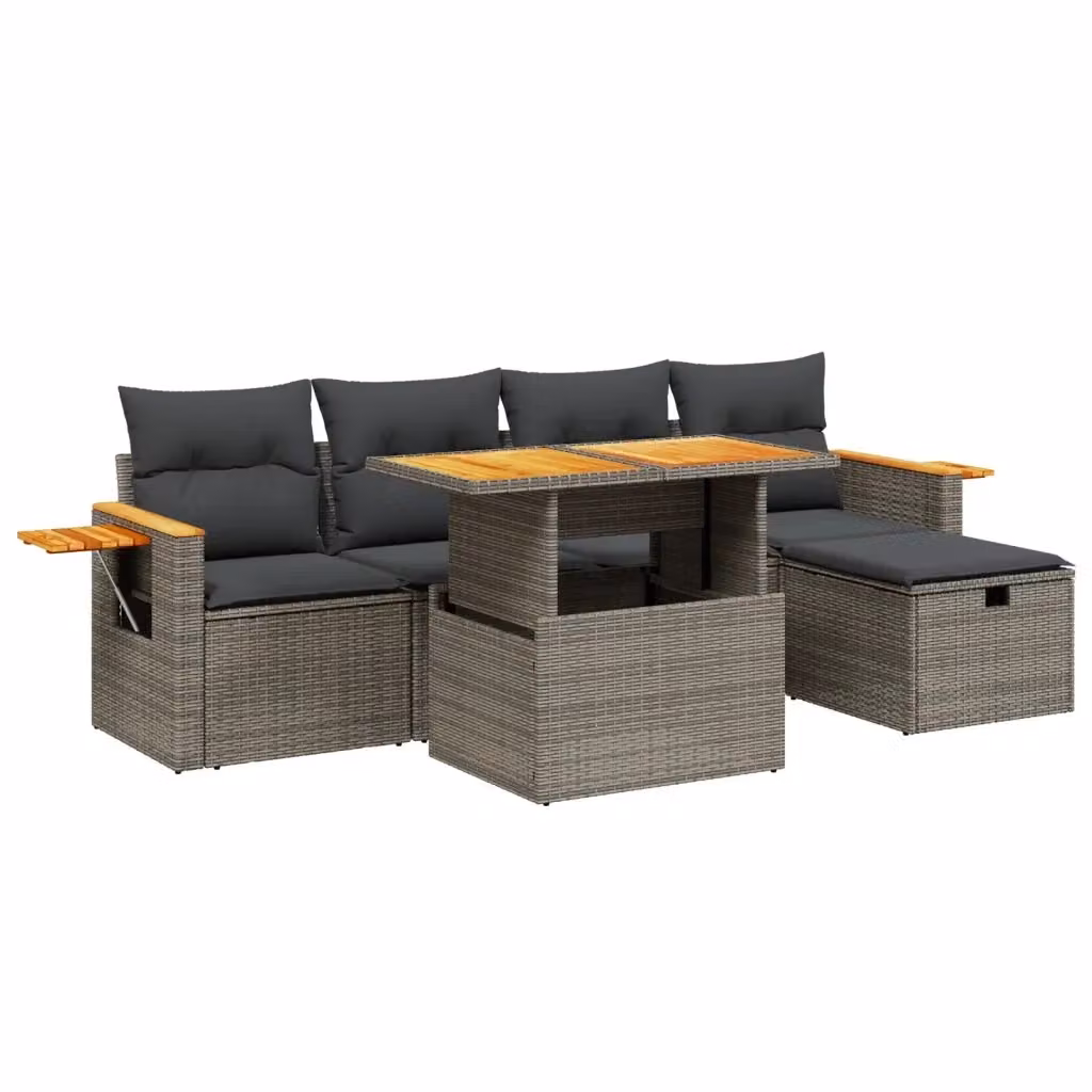 Set Divano da Giardino a L con Polyrattan e Legno di Acacia di vidaXL, 6 Pezzi Grigio con Cuscini e Tavolino – 2