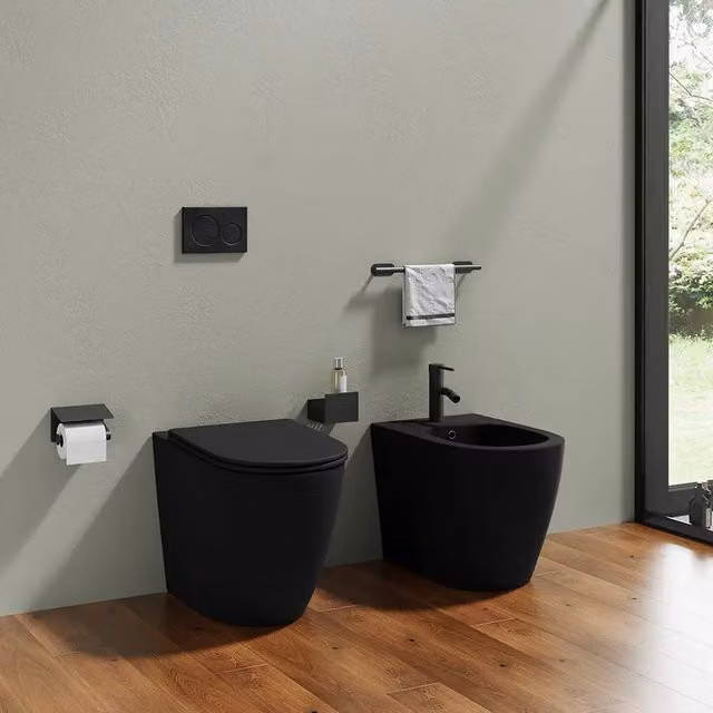 Sanitari filomuro in ceramica nero opaco vaso rimless con copriwc soft-close e bidet | Europa