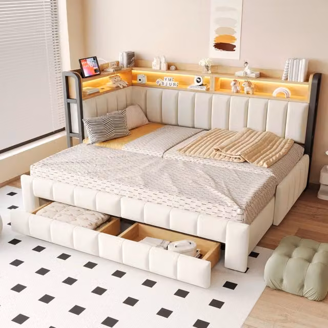 Letto estraibile imbottito 90 × 200 cm con letto 180 × 200 cm vani contenitori LED USB e Type C velluto beige