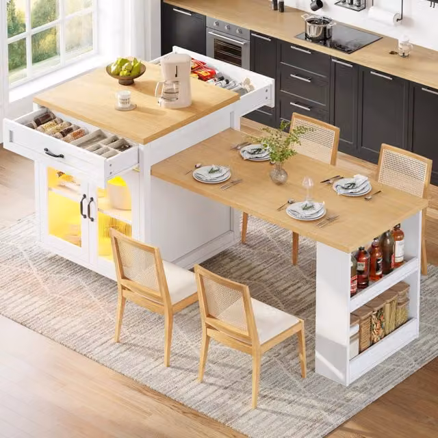 Isola cucina estensibile con illuminazione LED RGB, 2 cassetti e ripiani regolabili, ante in vetro rigato e piano MDF 126-196 cm