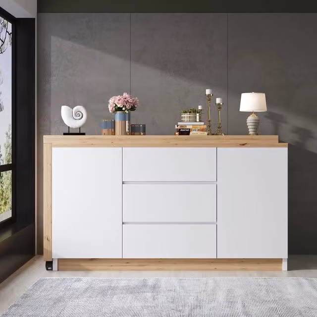 Scrivania pieghevole girevole con 2 ante 3 cassetti e ruote bloccabili bianco rovere 120 × 50 × 76.5 cm