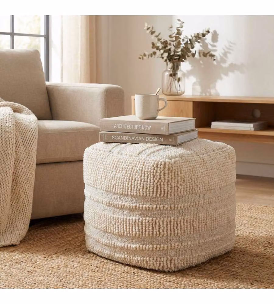 Cosma Pouf Theotime Quadrato in Lana Bianco 40x40 cm - Design Moderno Fisso