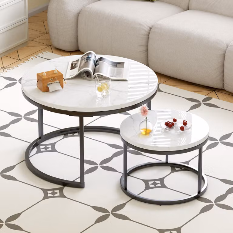 MODFU Tavolino 2 in 1 da salotto, tavolini rotondi Ø70+Ø45 cm, tavolo da soggiorno con struttura in metallo e piedini antiscivolo, nero&bianco