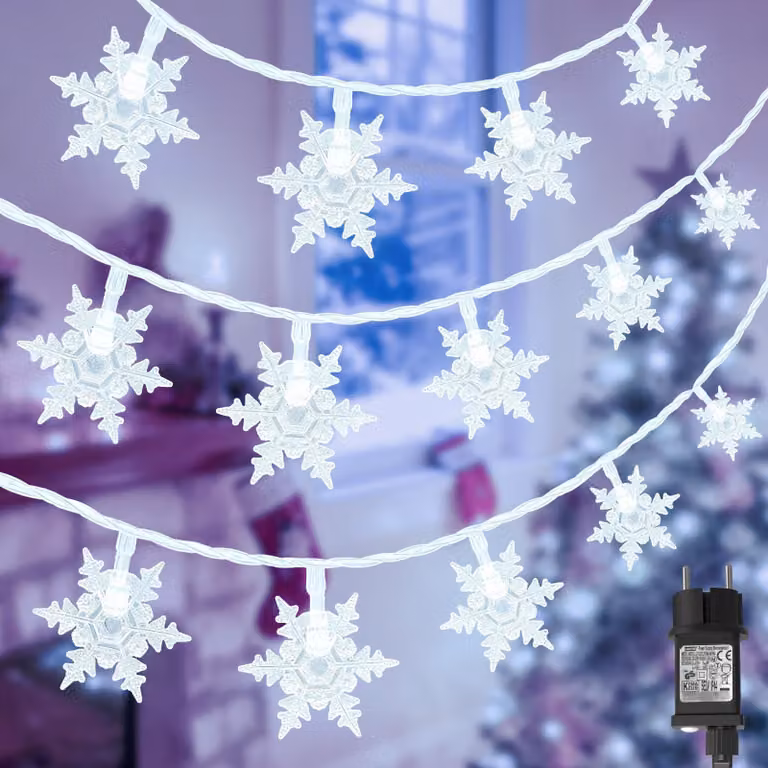 Catena luminosa a forma di fiocchi di neve, 15 metri, 100 LED, luce bianca fredda, timer, 8 modalità, grado di protezione IP44