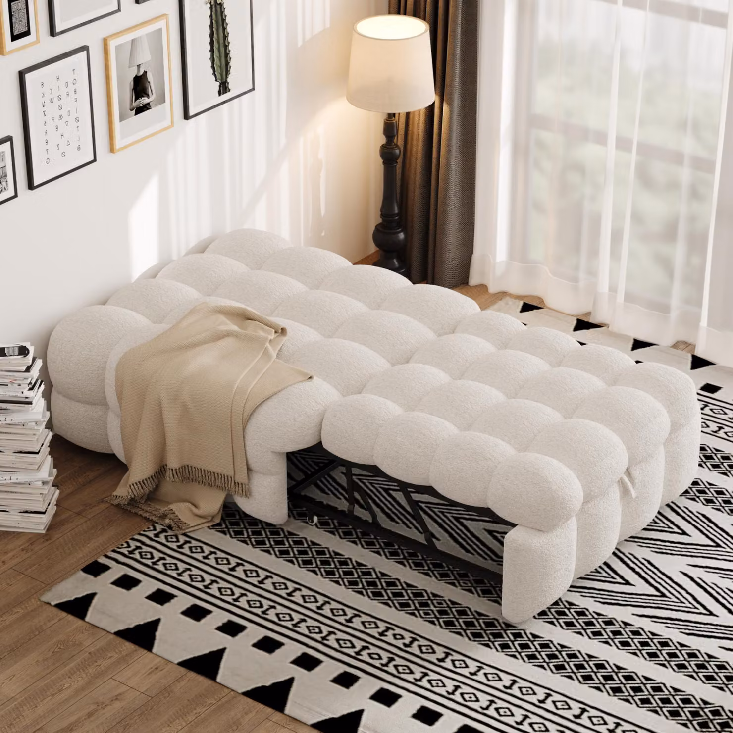 Fortuna Lai Letto imbottito, poggiapiedi 2 in 1, divano letto estraibile, letto singolo, letto imbottito, tessuto Teddy, beige