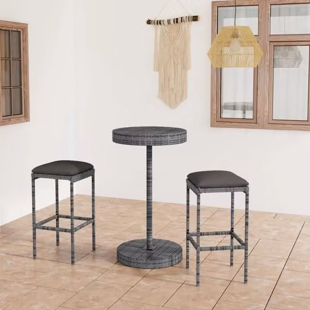 Set Bar da Giardino vidaXL in Polyrattan Grigio con 3 Cuscini e Tavolo Rotondo