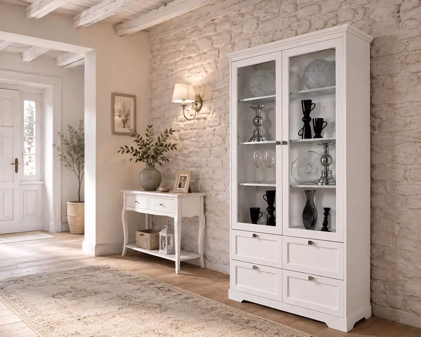 Vetrina Shabby Chic in Legno di Pino con Ante in Vetro e Cassetti Mobili 2G Bianco Opaco L: 100 cm, P: 40 cm, H: 190 cm – 3