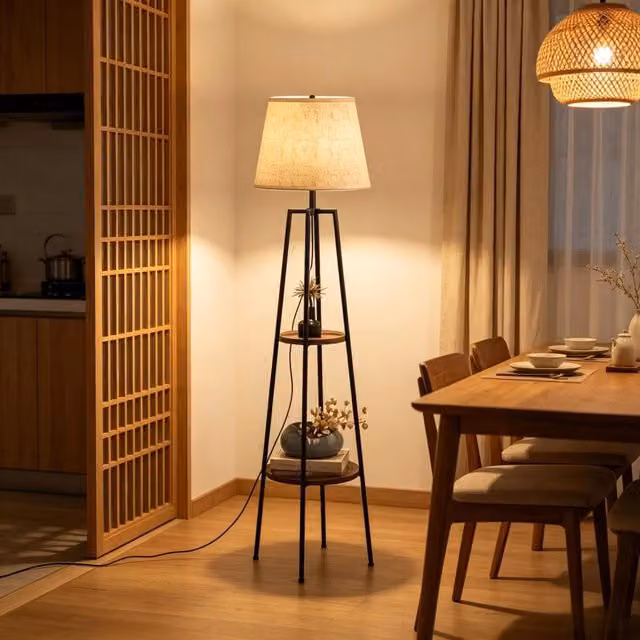 Lampada da terra moderna con base a tre gambe in metallo e paralume cilindrico in tessuto beige, con ripiani integrati e attacco E27 – 1