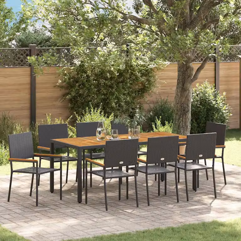 Set da pranzo per giardino e terrazza vidaXL in polyrattan nero e marrone con tavolo in legno di acacia, 9 pezzi
