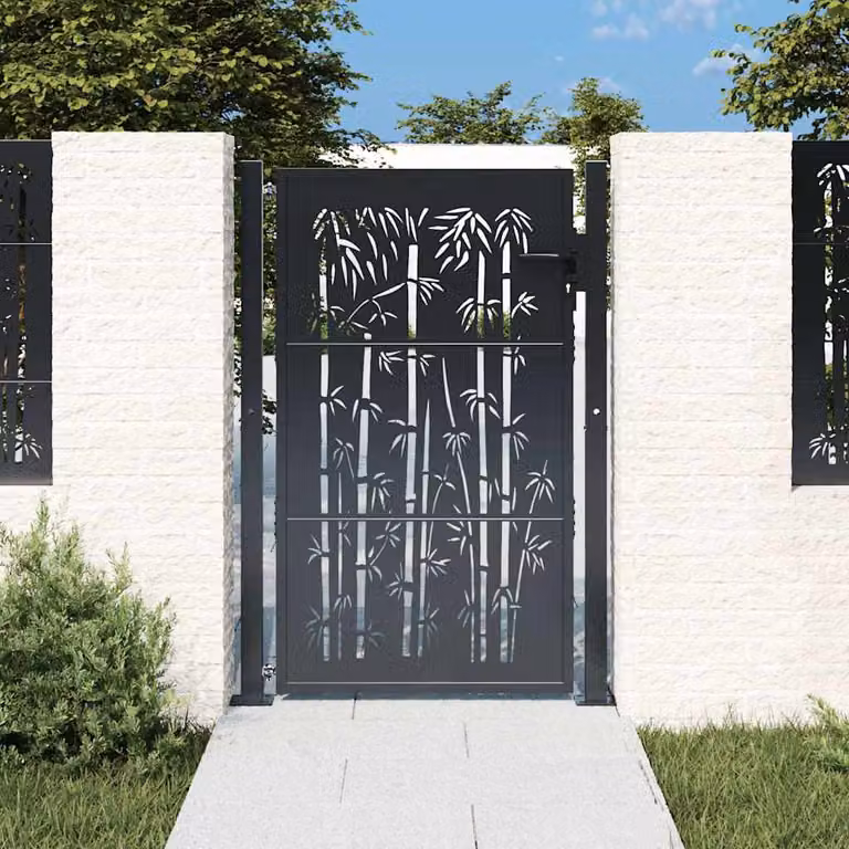 Cancello singolo da giardino vidaXL in acciaio zincato e bambù, colore antracite, L: 110 cm, H: 150 cm