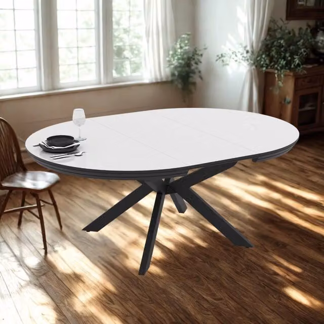 Tavolo da pranzo rotondo allungabile Tezeta con piano bianco lucido e gambe nere in metallo – 1
