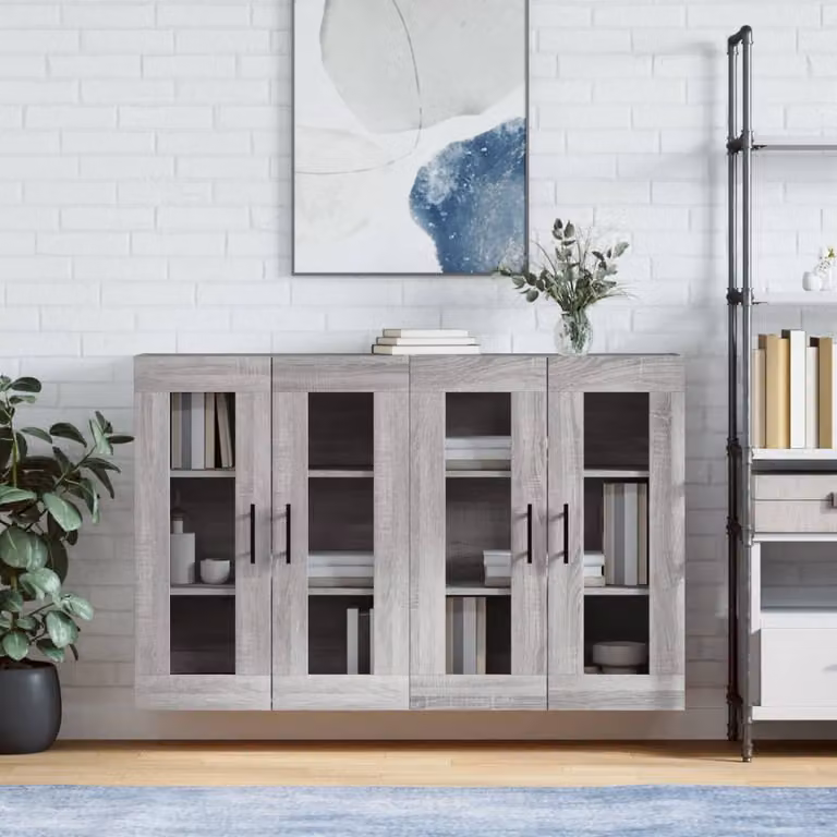 Set di 2 armadietti a parete vidaXL in legno e vetro, colore grigio opaco