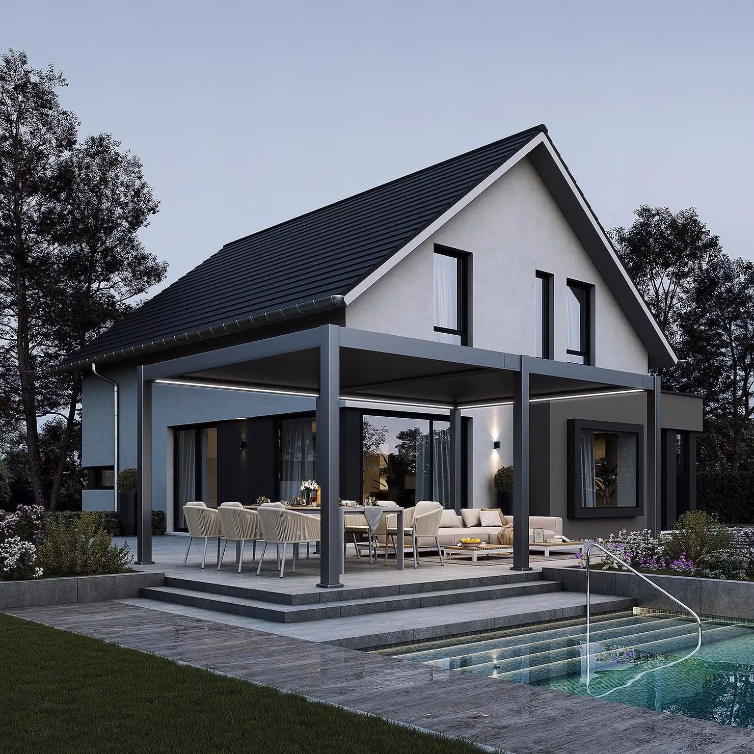 Pergola elettrica Weide E-Deluxe Plus interamente in alluminio, 4x6 m, con tetto a lamelle color antracite