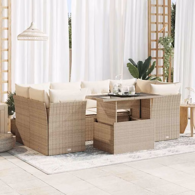 Set Divani da Giardino vidaXL 7 pz a Forma a L con Tavolino in Polyrattan e Cuscini Beige