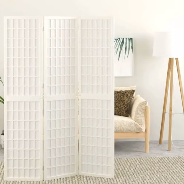Paravento Pieghevole a 3 Pannelli in Stile Giapponese Bianco, L 120 x H 170 cm
