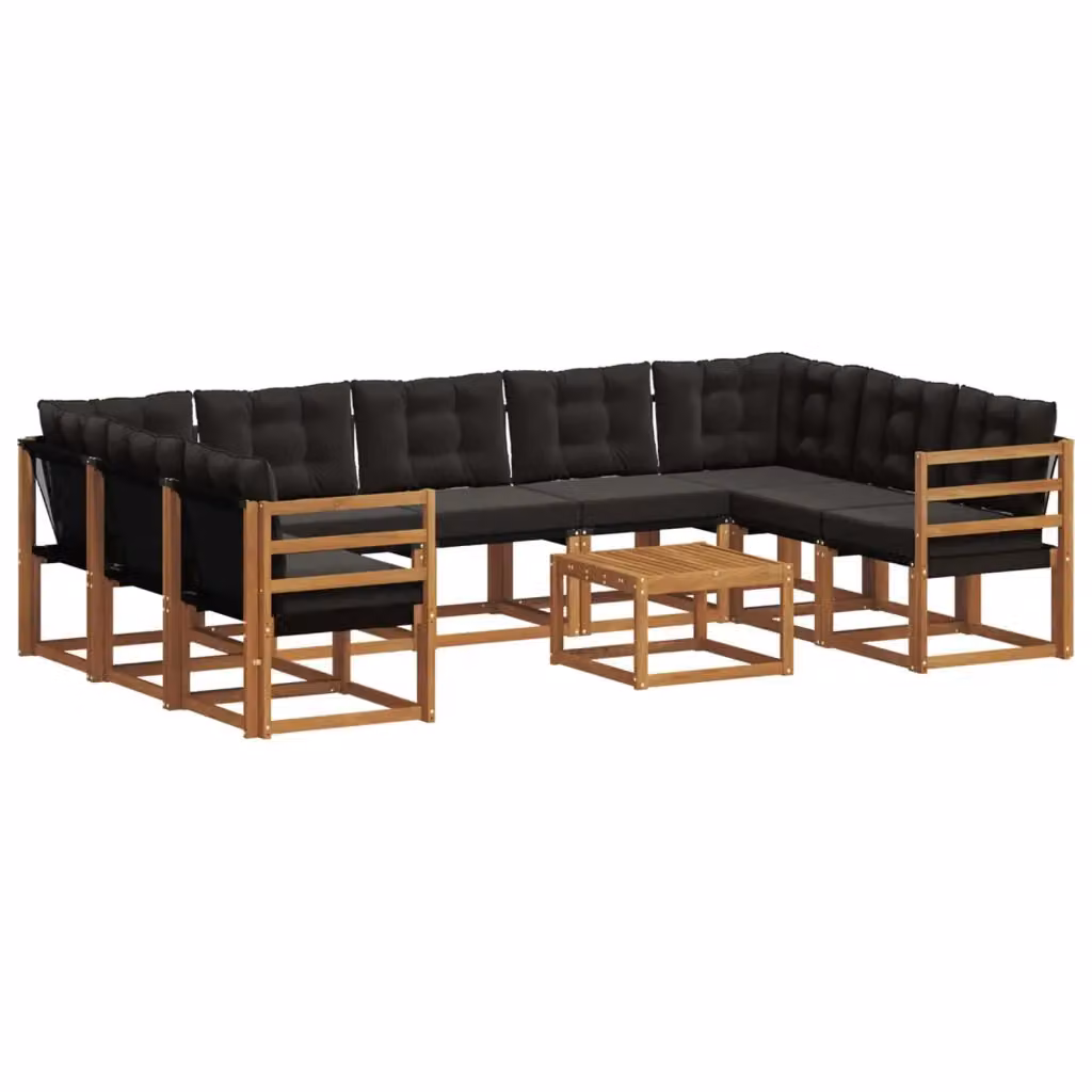 Set di divani da esterno a L vidaXL in legno di acacia con tavolino e cuscini, marrone e nero – 2