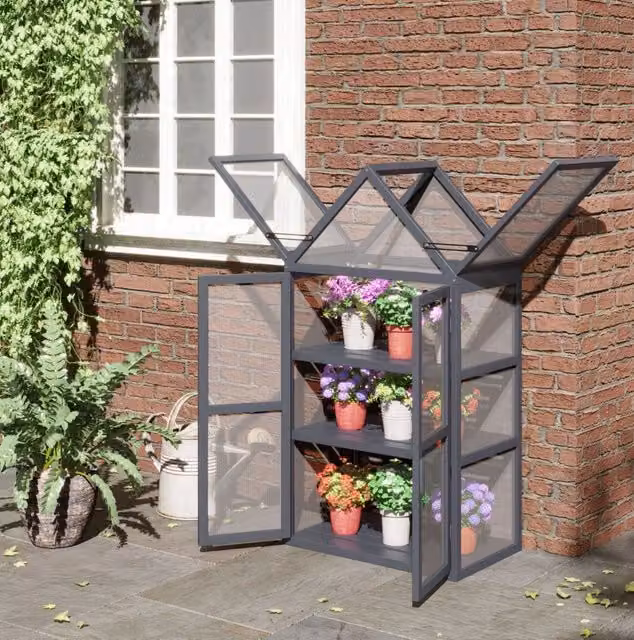Serra da giardino ULEVR 70,5x42x132 cm con 3 ripiani, 2 ante chiudibili e tetto apribile, legno grigio