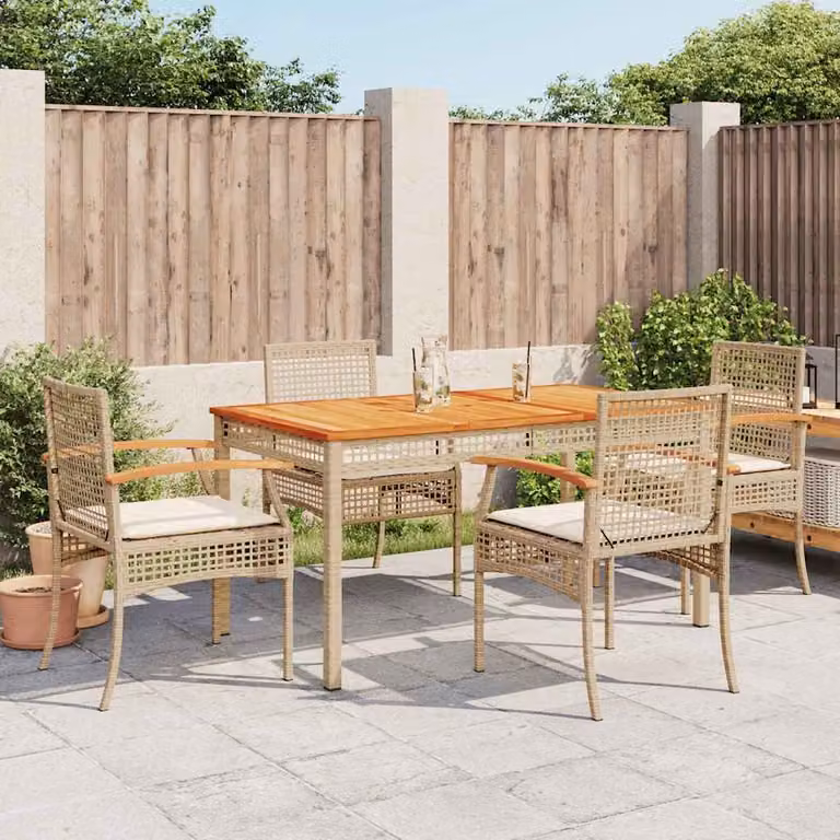 Set da Pranzo da Giardino vidaXL in Polyrattan e Legno di Acacia con 5 Cuscini Beige e Bianchi