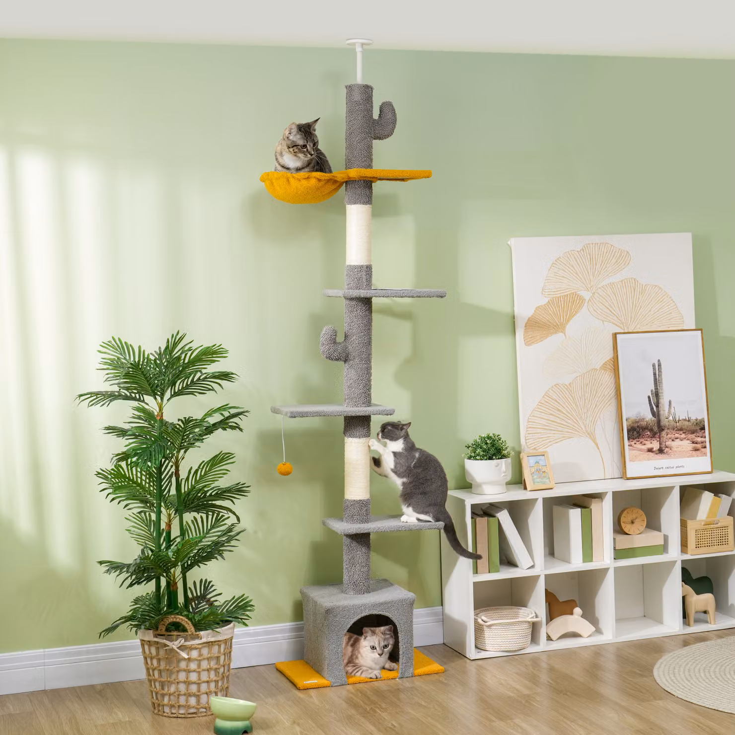 Albero per gatti PawHut da pavimento a soffitto con 6 livelli, piattaforme, amaca e nicchia, grigio chiaro, Altezza: 275 cm – 2