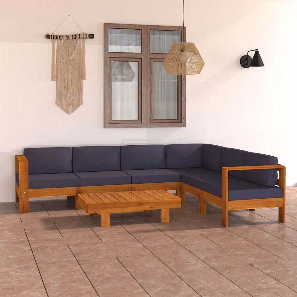 Set Divani da Giardino vidaXL 7 Posti in Legno di Acacia con Cuscini Grigi