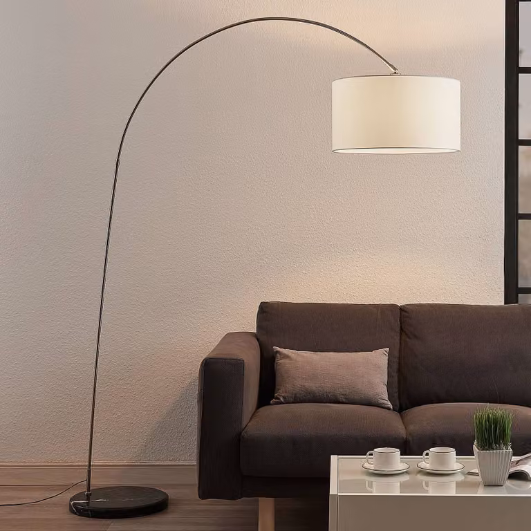 Lampada ad arco Lindby Belinda, bianco, tessuto, marmo, 200 cm, E27