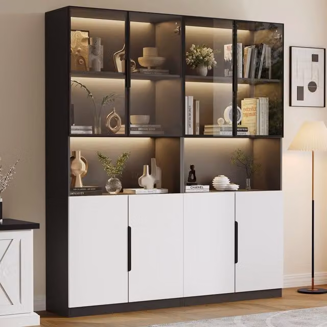 Vetrina con ante in vetro, ripiani regolabili e LED regolabile per casa, truciolare bianco e nero, 160 × 30 × 200 cm