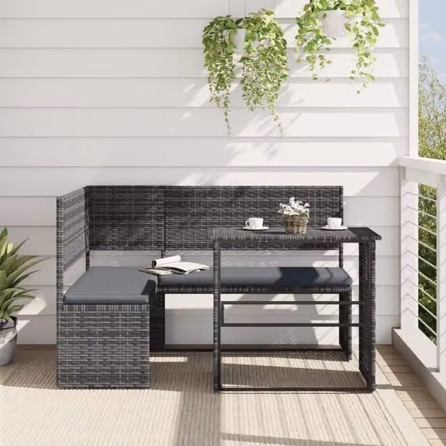 Divano da Giardino con Tavolo e Cuscini a L Grigio Polyrattan 362348