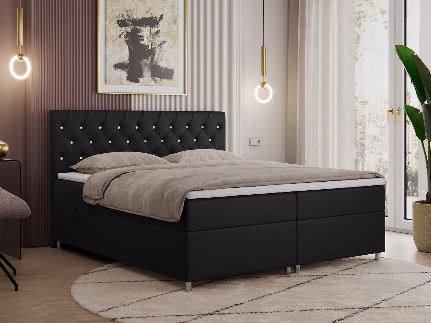 Letto boxspring 140x200 con contenitore, letto boxspring 140x200 con materasso, letto matrimoniale con materasso e topper - Letto imbottito con testiera - ROMA - 140x200 - Nero - Pelle finta - H4