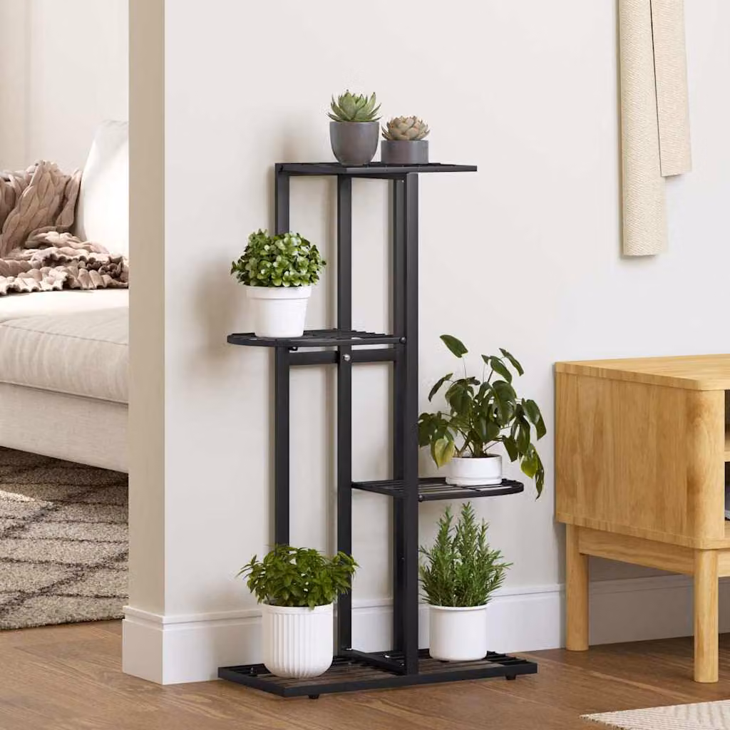 vidaXL Piedistallo per Piante a 4 Piani in Metallo Nero Opaco L: 43 cm, P: 22 cm, H: 76 cm